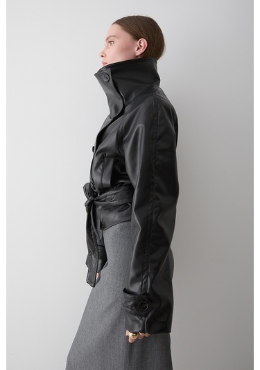 Siyah Düğmeli Kuşaklı Deri Ceket - 509261 Siyah