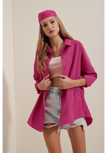 Bigdart 3900 Oversize Uzun Basic Gömlek - Koyu Pembe 001