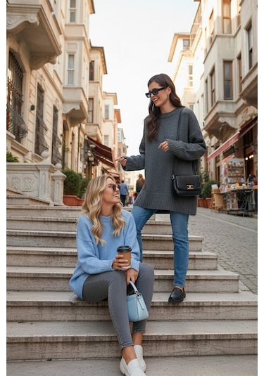 Lela Regular Fit Bisiklet Yaka Basic 2'Li Paket Triko Bayan Kazak 4616213S2 Antrasit-Bebe Mavi