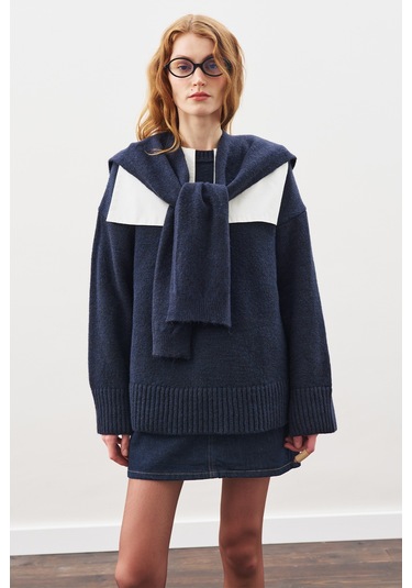 Kare Yaka Bağlamalı Triko Atkı Lacivert Lacivert