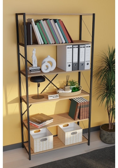 Dekoratif Metal Kitaplık 6 Raflı Kitaplık Dosya Rafı 180 Cm Çam