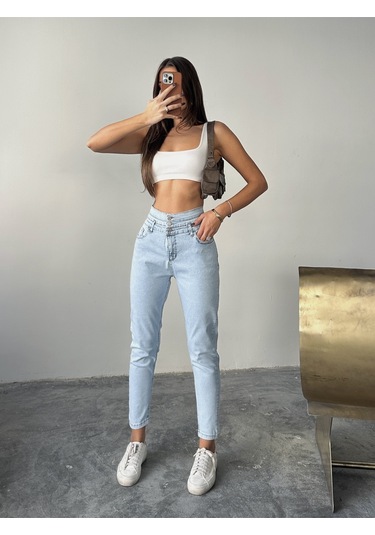 Kadın 3 Kemerli Yüksek Bel Kot Dar Paça Pantolon Buz Kar