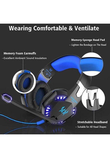 Jeemson Kotıon Each G2000 Oyuncu Kulaklığı, Gürültü Engelleme Mikrofonlu, 50mm Hoparlör, 3.5mm+usb, Siyah-mavi, Ses Kontrol Teli