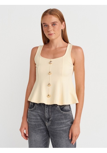 Dilvin 31979 Düğmeli Peplum Top-açık Sarı Açık Sarı