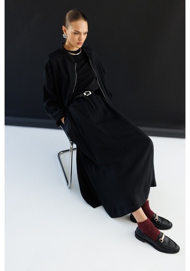 Mizalle Modal Karışımlı Siyah Beli Lastikli Maksi Etek Siyah