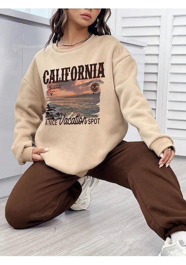 Hırsch Kadın Bej California Seaside Baskılı Oversize Alt Üst Eşofman Takımı Vizon