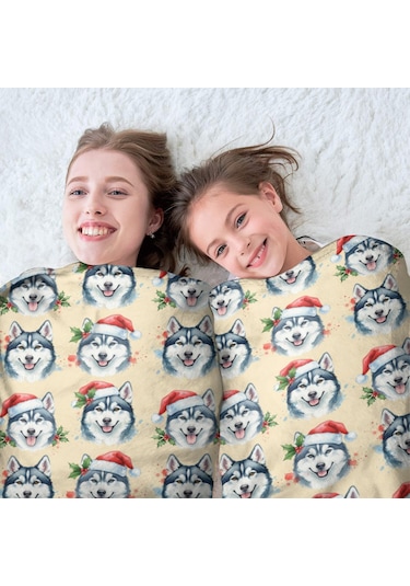 Husky Desenli Yuvarlak Polar Battaniye, Yumuşak & Hafif, 47 İnç-a4 Husky Santa Hat