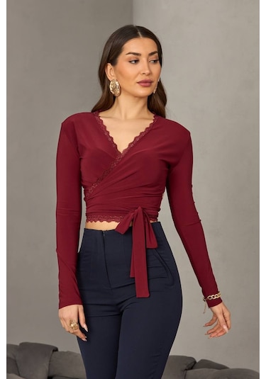 Kadın Dantel Detaylı Kruvaze Bağlamalı Crop Bluz Bordo