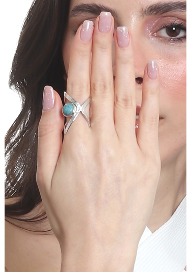 Labalaba Kadın Lak Gümüş Renk Kaplama Doğaltaşlı Ayarlanabilir El Yapımı Tasarım Yüzük Gümüş - Mavi