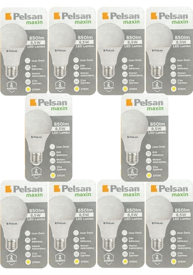 10 Adet Pelsan 8,5w 2700k Sarı Işık E27 Duylu Kalın Duy Led Ampul