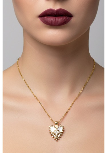 Altın Renk Beyaz Sedef Kalp Kutup Yıldızı Model Sf Zincir Çelik Kolye- 3715 Çok Renkli