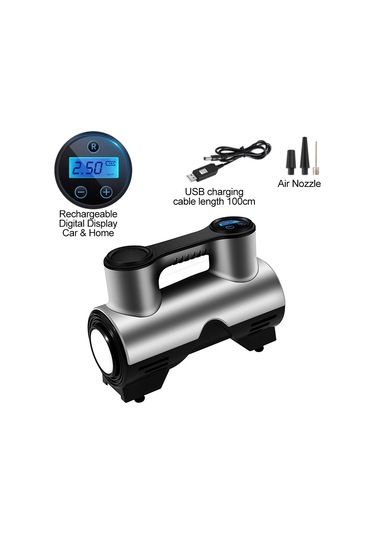 Reedark Araç Lastik Hisseli Şarjlı Hava Pompası, Otomatik Doldurma, Led Işık, 3 Uç, Ev/araç Kullanıma Uygun, St-211 Gümüş+siyah