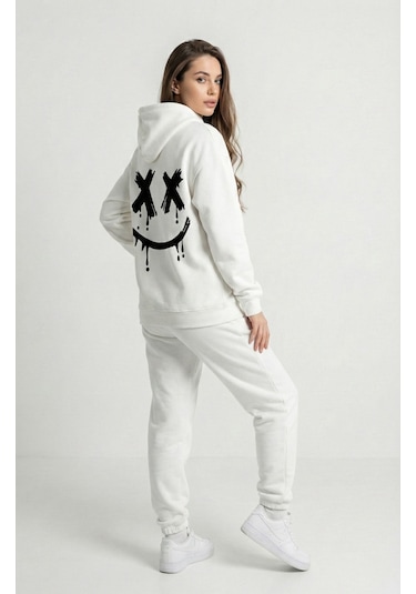 Unisex Smile Baskılı Sevgili Kombini Oversize Hoodie Seti Beyaz