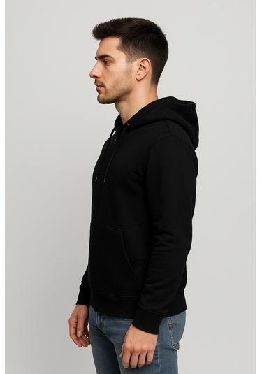 Axxel Erkek Siyah 2 İplik Fermuarlı Kapüşonlu Sweatshirt-w1084 Siyah