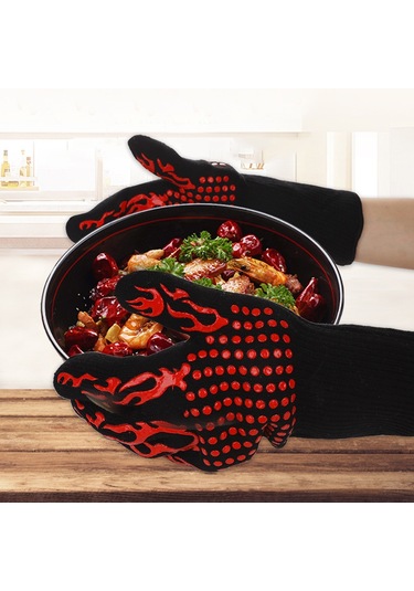 Gajeena Kırmızı Alev Silikon Isıya Dayanıklı Eldiven: Mutfak, Barbekü, Fırın, Mikrodalga İçin 500 C'de Isı Engelleyici, Kayganlık Önleyici, Her İkisi İçin Uygun Çok Renkli