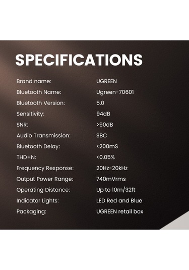 Cbtx Ugreen Araba Bluetooth 5.0 Adaptörü Usb 3.5mm Aux Ses Müzik Kablosuz Alıcı Eller Serbest Adaptörü