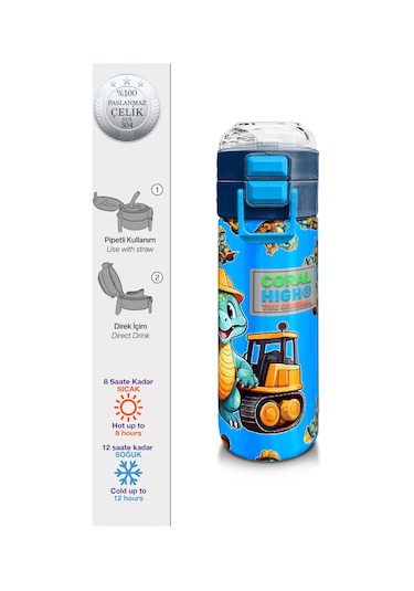 Coral High Kids Mavi Dinozor Desenli Pipetli Ve Direkt İçim Çelik Termos 500 Ml 31799 Yeşil