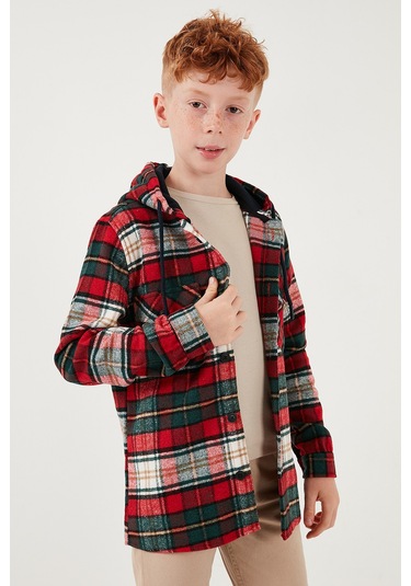 Lela Ekoseli Kapüşonlu Cepli Kışlık Oduncu Erkek Çocuk Gömlek Cf24W81779 Kırmızı-Yeşil