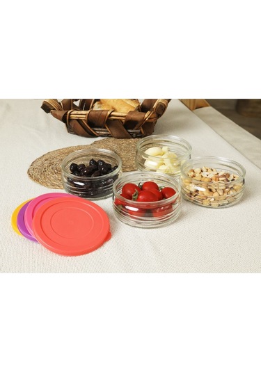 4'lü Premium Kahvaltılık Seti 410 Cc Renkli Plastik Kapaklı, Cam Saklama Kabı, Hava Geçirmez Çok Renkli