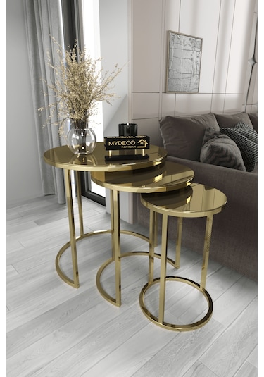3'lü Zigon Sehpa Gold Ayak Bronz Ayna