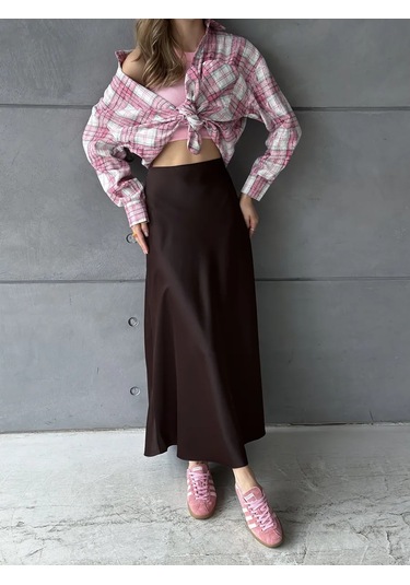 Lu&be Saten Uzun Maxi Etek 317240339 Çikolata