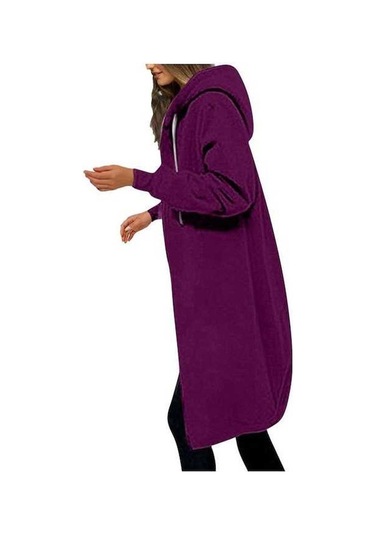 Novahub Kadın Fermuarlı Kapüşonlu Uzun Tunik Kazak Kış Rüzgar Geçirmez İpli Kaban Mor Mor