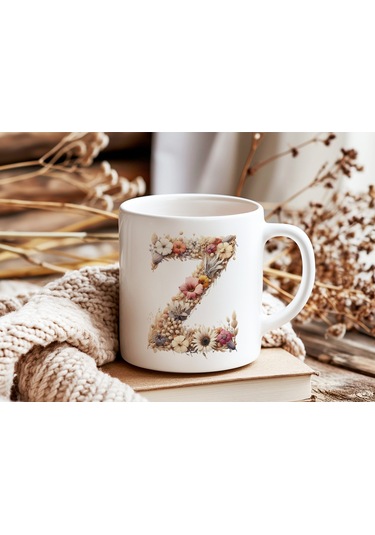 Z Harfi Çiçek Desenli Kupa Bardak - Alfabe Harfleri İle Doğal Çiçekli Kupa - Hediye Fikir Beyaz