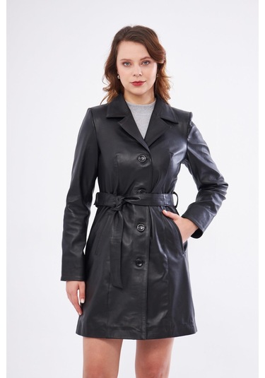 Derinss Dka2373 Hakiki Deri Kadın Siyah Pardesü 001