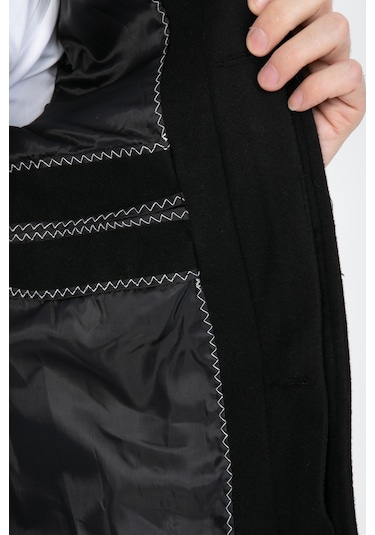 Erkek Siyah Dar Kesim Uzun Kaşe Gömlek Yaka Palto & Kaban Siyah