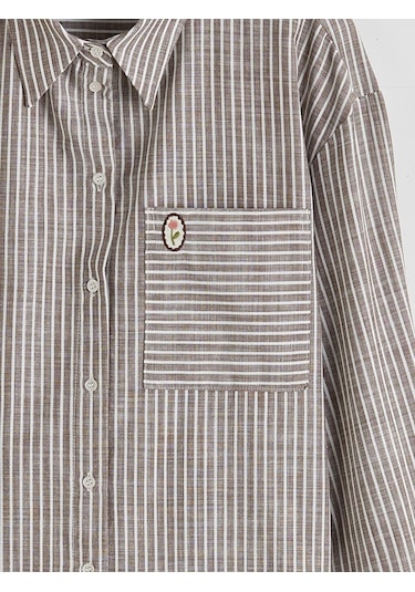 LC Waikiki Kahverengi Çizgili Oversize Poplin Kadın Gömlek Tunik