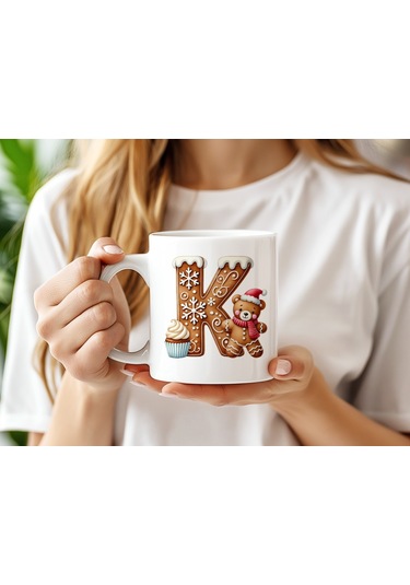 K Kurabiye Harf Ve Ayıcık Detaylı Kupa Bardak - Yeni Yıl / Yılbaşı Temalı Tasarım - Noel Hediye Beyaz
