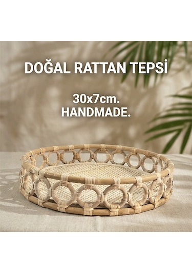 Doğal Rattan Tepsi , %100 El Yapımı Tepsi, Sunum Tepsisi , Yuvarlak Tepsi 30 X 7cm Bh24541 Rattan
