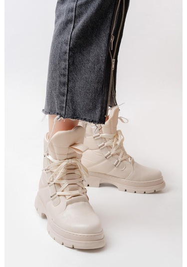 Asm-083 Bej Bağcıklı Su Geçirmez Kadın Kar Botu-bej Bej