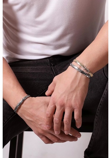 Gümüş 925 Ayar Desenli Kelepçe Bileklik - Silver