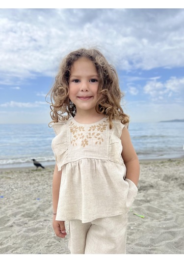 Robası Nakışlı Keten Kız Çocuk Takım Natürel Bej