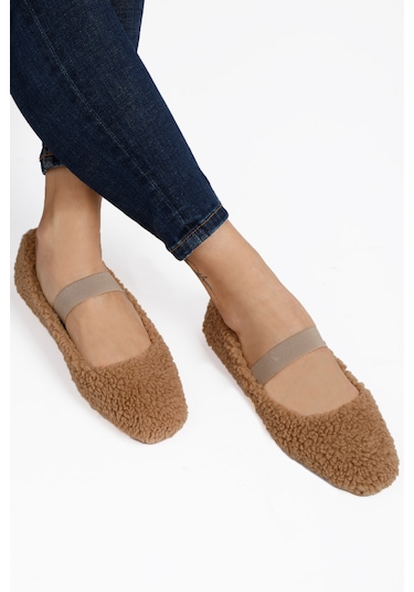 Vizon Peluş Tüylü Bant Detaylı Panduf, Kadın Ev Ayakkabısı, Babet Vizon
