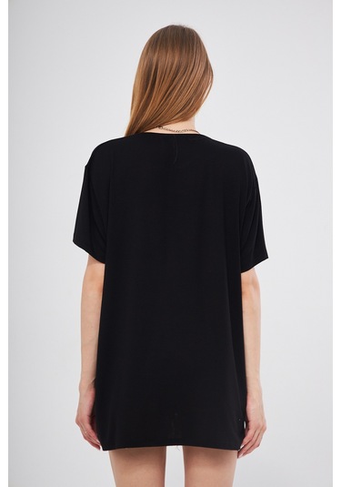 Siyah Baskısız Düz Bisiklet Yaka Kadın Oversize T-shirt SIYAH