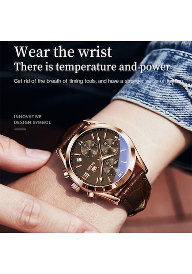 Olevs 2872 Erkekler Üç Göz Altı İğne Kronograf Su Geçirmez Kuvars Saat Kahve + Gül Altın