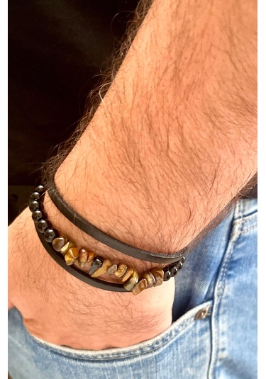 Kaplan Gözü,oniks Ve Hakiki Deri İle Türk El Yapımı Erkek Bilekli