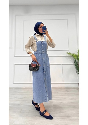 Etekli Salopet Enzim Süper Taş Yıkama Buz Mavi D 2521 Mavi