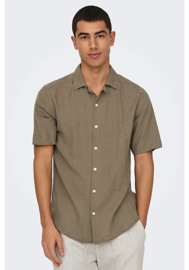 Only & Sons Erkek Onscaıden Kısa Kollu Keten Gömlek 22025116 Kahverengi Kahverengi