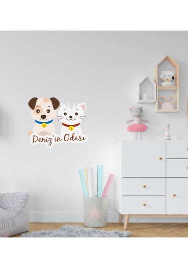 Kişiye Özel Sevimli Kedi ve Köpek Tasarımlı Çocuk Odası Duvar Sti N11.16