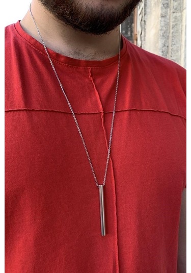 Isim Yazılı Uzun 5Cm Silindir Çubuk Bar Erkek Kolye Eck10 Beyaz