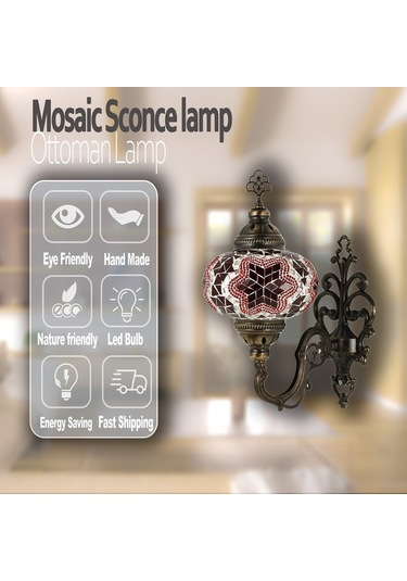 Mozaik Cam Duvar Lambası Gece Lambası Bohem Aplik Kırmızı