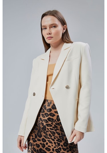 Ekru Regular Fit Yırtmaç Detaylı Blazer Ceket Ekru