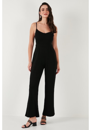 Lela Regular Fit Yuvarlak Yaka Askılı Bol Paça Bayan Tulum 5866147 Siyah