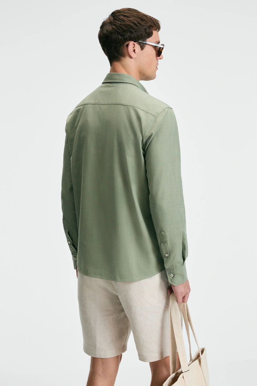 Grımelange Perttu Erkek %100 Pamuk Slim Fit Dar Kesim Düğmeli Yaka Keten Görünümlü Flamlı Haki Gömle Haki
