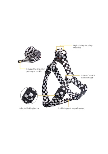 Geeroyoo Ayarlanabilir Poliester Köpek Tasması Ve Koşum Takımı - Siyah Desenli, Orta Boy Siyah
