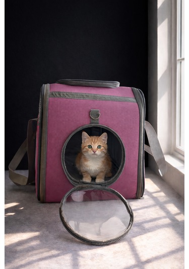 Premium Fileli Nefes Alabilir Pembe Kedi Taşıma Çantası