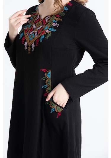 Uzun Kol Şile Bezi Nakışlı Antik Uzun Elbise Siyah Syh-siyah Siyah